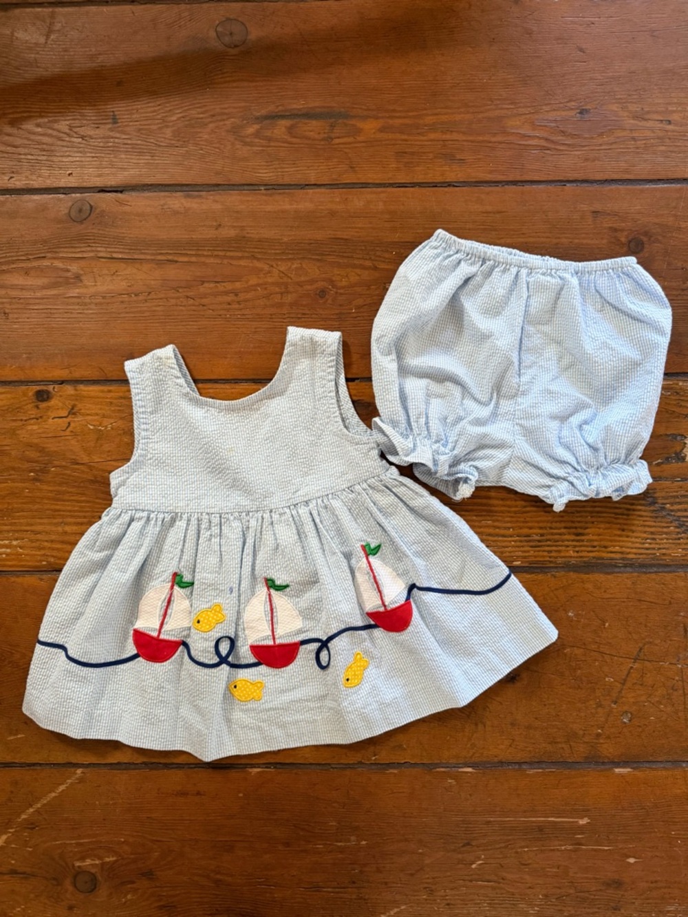 VTG Samara Blue and White Seersucker Babydoll Dress + Matching Bloomers